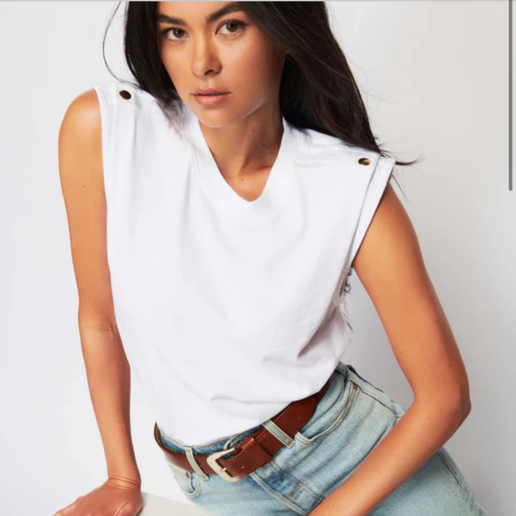 Nation Ltd White Sleeveless Padded-Shoulder Top With Snap Details